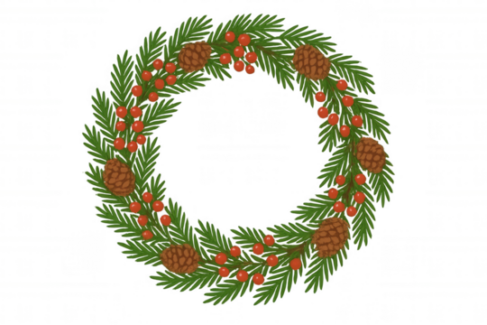 Christmas wreath featuring green evergreen branches, red berries, and natural pinecones, bringing holiday joy. Transparent background