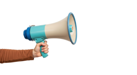Isolated megaphone in hand ready to speak, communication device for shouting announcements