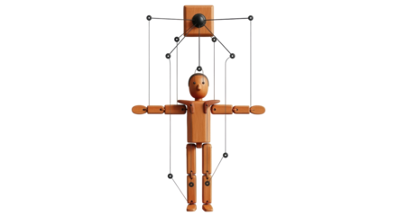 Isolated articulated wooden puppet figure dangling from a wooden control bar on strings