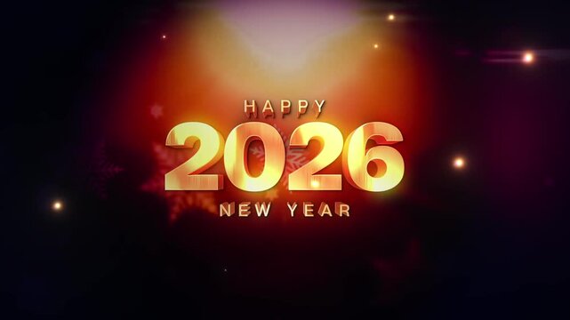 2026 Happy New Year golden text effect with flickering gold fire particles animation on black background. 2026 Happy New Year text with looping flickering gold glowing light texture. Isolated alpha ch