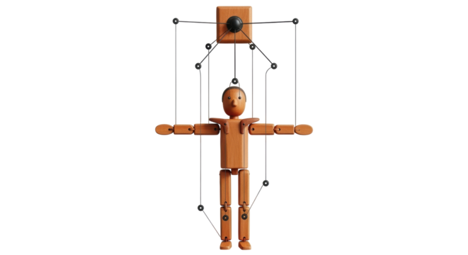 Isolated articulated wooden puppet figure dangling from a wooden control bar on strings