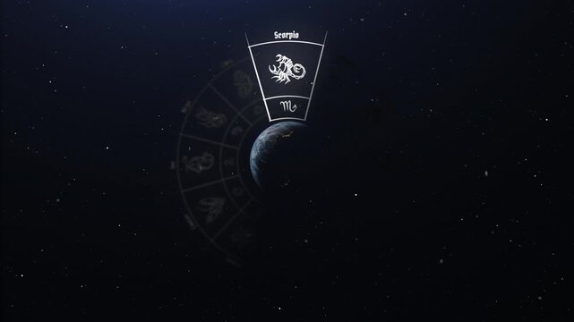 Scorpio zodiac sign revealed on glowing horoscope wheel with shining stars background perfect for astrology apps and daily horoscope videos