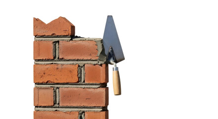 Isolated bricklayer brick wall construction, building a wall with trowel and wet mortar, bricklaying
