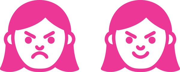 Angry girl with pink hair. 2 heads with evil looks (vector)