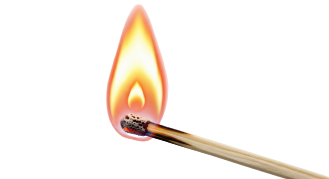 Isolated burning matchstick with flame, macro, close-up, a small fire, ignition element, light source