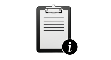 Isolated blank clipboard with information icon, a paperwork task list management tool