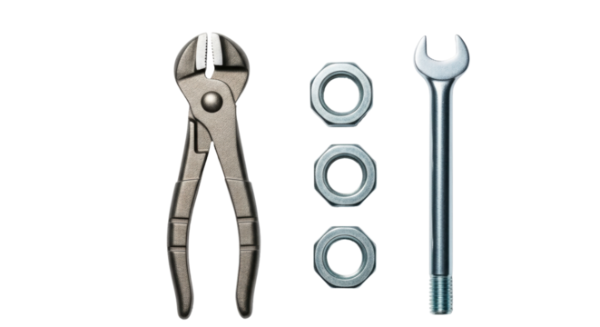 Isolated tools for hardware work consist of combination wrench, pliers, and three nuts
