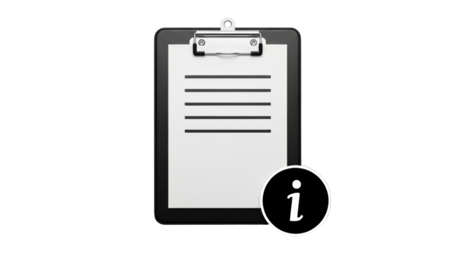 Isolated blank clipboard with information icon, a paperwork task list management tool