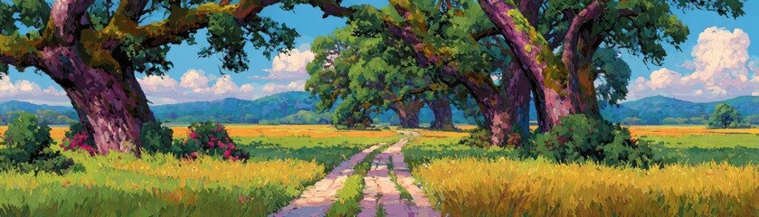 Oak trees lining serene road in painting concept. A tranquil rural scene featuring vibrant fields and majestic trees.