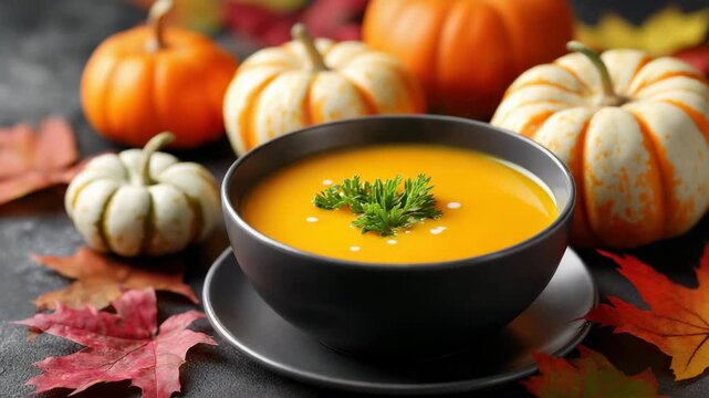 Autumnal pumpkins and vibrant soup bowl with colorful leaves on display
