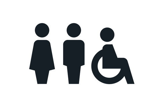 Accessibility restroom icons. Man, woman, and wheelchair user symbols in a minimalist design. Toilet icons, pictograms isolated on light background. WC symbols, vector logo illustration.
