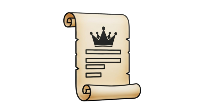 Isolated antique parchment scroll with crown, treaty, declaration, letter document concept