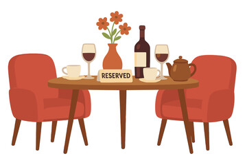 Reserved table in a restaurant for a romantic date. Cafe interior with armchairs, wine bottle, glasses, and a reserved sign. Cozy diner setting for two people. Flat vector illustration.