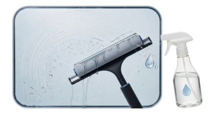 Isolated window washing with squeegee and spray bottle, home and housekeeping chores concept