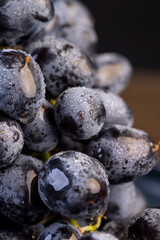 a branch of ripe beautiful grapes lying on the table covered with drops of water, wet fruits of pure blue grapes on a branch on the table during cooking