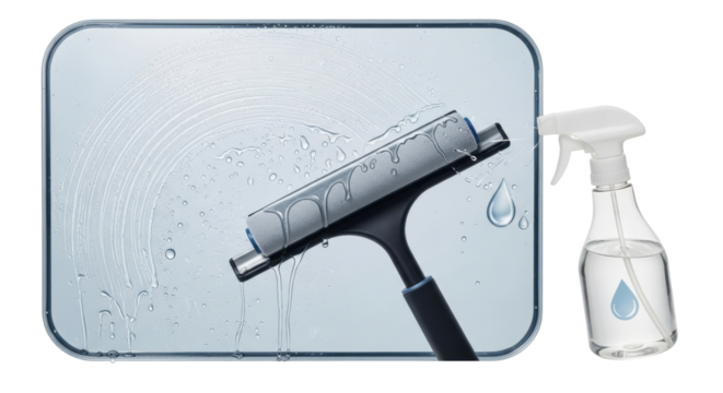 Isolated window washing with squeegee and spray bottle, home and housekeeping chores concept