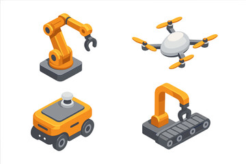 Fototapeta premium Isometric factory robots and drones set. Modern industrial icons in 3D design. Vector cartoon illustration of robotic arm, AGV, and conveyor for smart industry automation.