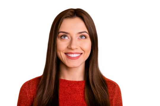 Portrait of positive cheerful lady have weekends look up try imagine what is there in space wear red pullover isolated over yellow color background