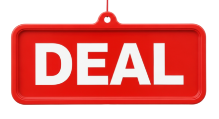 Isolated red sign with the word DEAL in white letters, sale event announcement banner graphic