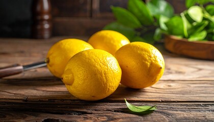 Four ripe, yellow lemons sit on a rustic wooden table. A knife, leaves, and bowl with greens appear in the background