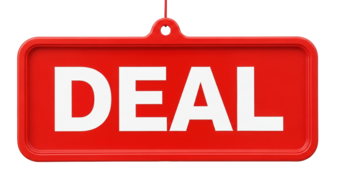 Isolated red sign with the word DEAL in white letters, sale event announcement banner graphic