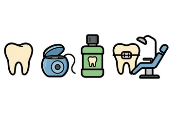Dental care icon set for oral hygiene and dentistry. Vector cartoon symbols of tooth, floss, mouthwash, braces, and dentist chair. Medical orthodontics and health concept.