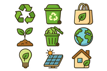 Eco-friendly icons set for sustainability and conservation. Green energy, recycling, and waste management symbols. Ecology vector collection with solar panel, earth, and plant.