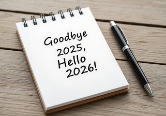 Spiral Notebook With Pen And New Year Message Goodbye 2025 Hello 2026 writing text