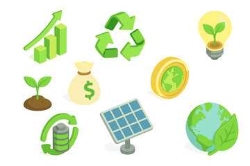 Isometric icon set for green business, ESG, and sustainability. Eco-friendly finance, investment, and renewable energy concepts. Vector icons for ecology and economic growth.