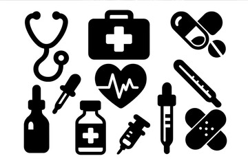 Medical icon collection. Healthcare equipment and tools in bold silhouette design. Vector set for hospital, pharmacy, and first aid. Medicine, syringe, cardiology concept.