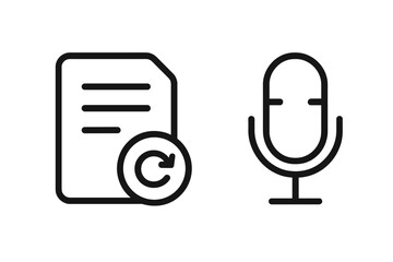 Minimalist icon set of note sync and voice recording. Vector line art symbols for UI UX design. Document update, file refresh, and microphone for audio memo or podcast app.