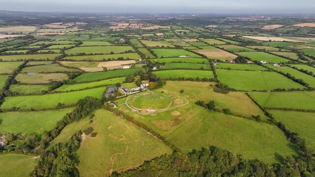Birds eye view of Knowth, Ireland. Neolithic historic site of passage tomb and mounds. Ireland