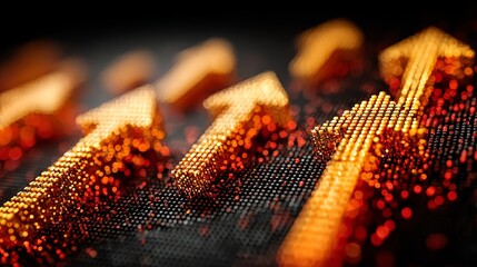 Glowing orange arrows pointing upwards on digital interface, representing growth, success, and rising trend in stock market and business strategy concept.