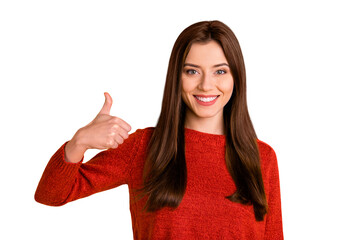 Portrait of positive cheerful content lady promoter show thumb up sign recommend sales present her...