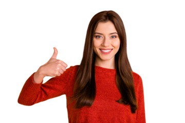 Portrait of positive cheerful content lady promoter show thumb up sign recommend sales present her feedback about promotions wear red pullover isolated over yellow color background