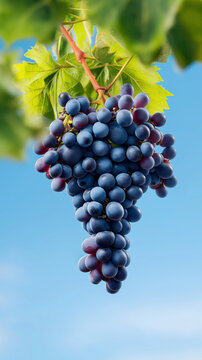 Bunch of ripe purple grapes hangs from vine against clear blue sky, surrounded by vibrant green leaves, evoking sense of freshness and abundance