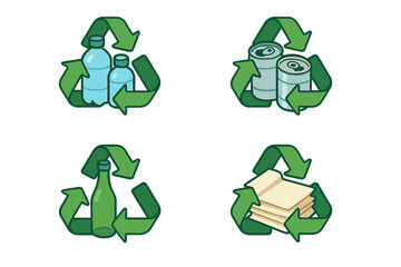 Isometric recycling symbols vector icon set. Eco-friendly cartoon illustrations for waste sorting. Includes plastic bottles, metal cans, glass, and paper separation signs.