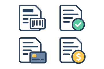 Invoice management icon set. Finance, billing, payment concepts. Vector symbols for accounting documents, credit card transaction, barcode scan, and approved payment checkmark.