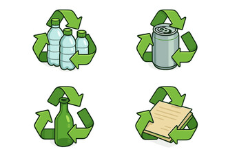 Recycling symbols set vector illustration. Isometric icons for waste sorting. Eco friendly concept. Plastic, glass bottle, paper, metal can recycle. Ecology separation.