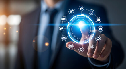 Man touching a digital interface with glowing icons and a dark background