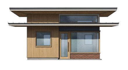 Isolated stylish modern dwelling exterior facade featuring an overhanging roof and woodwork