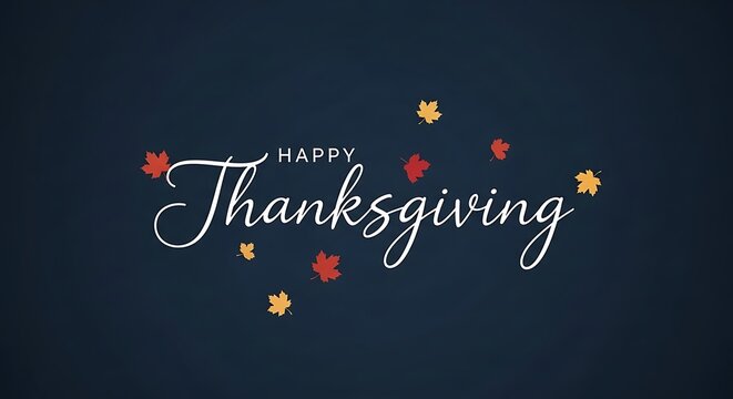 Elegant white cursive text happy thanksgiving with falling autumn leaves against a dark blue background conveying a festive and grateful holiday mood