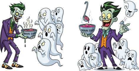 Cartoon zombie brain soup illustration, spooky ghost reaction artwork, funny horror character design, Halloween creepy food concept, humorous undead serving scene