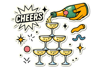 New Year 2026 party celebration. Hand pouring champagne into glass pyramid. Cheers! Retro 90s comic halftone style illustration. New Year's Eve alcohol drink sticker set.