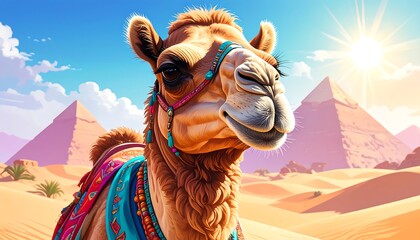 Camel near pyramids in desert