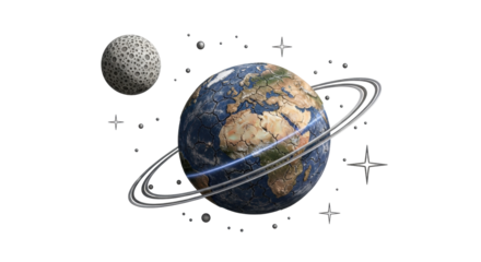 Isolated Earth-like planet with rings and lunar satellite in outer space environment