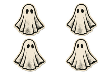 Cute sheet ghost for Halloween. Spooky phantom character set. Vintage 90s zine style. Halftone mixed media collage paper sticker. Dotted retro vector cartoon illustration.