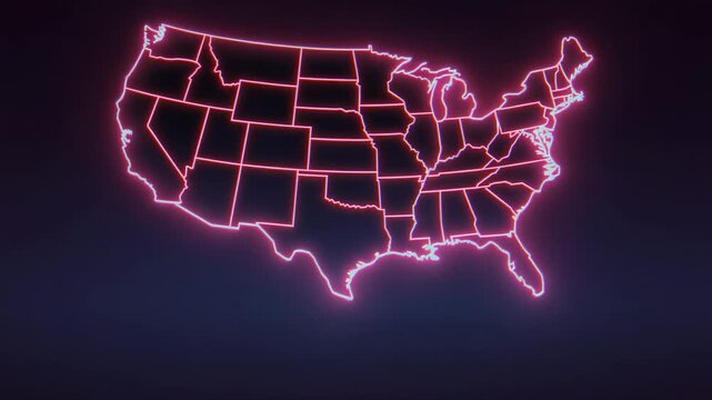At start displaying neon US outline pulsing pink glow on gradient backdrop, mapping state borders