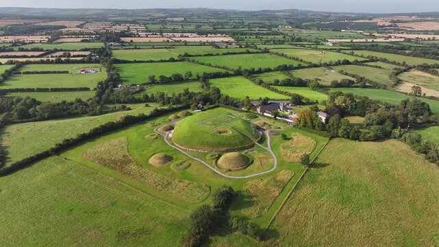 Knowth, Ireland. Aerial view of historical landmark and Irish rural green landscape.