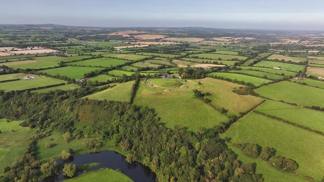 Knowth, Irealand. World UNESCO heritage, ancient monument. Birds eye view over river Boyne.